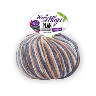 Orange-braun-beige Plan Wolle von Woolly Hugs in einem runden Knäuel.