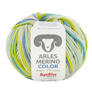 Katia Arles Merino Color, Wolle in Gelb, Blau und Grün.