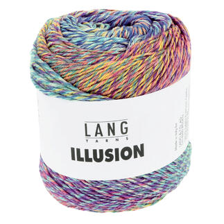 Garnknäuel in Blau/Pink/Grün/Gelb von LANG Yarns mit Etikett.
