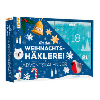 Adventskalender für Weihnachts-Häkeleien mit buntem Design und verschiedenen Motiven.
