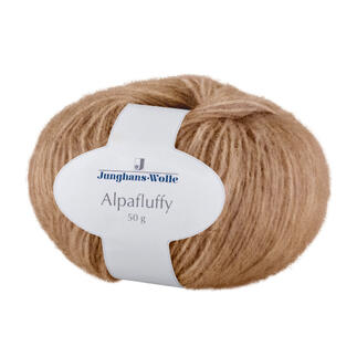 Beiges Alpafluffy Garn in einer 50g Rolle mit Etikett.