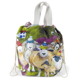 Beuteltasche mit fröhlichen Schafen in Mützen, kleiner Taschendruck, 100% Baumwolle