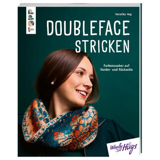Buchcover von 'Doubleface Stricken' mit einer lächelnden Frau.