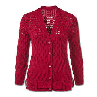 Rote Merino-Cablé Jacke mit Spitzen Detail und Knöpfen
