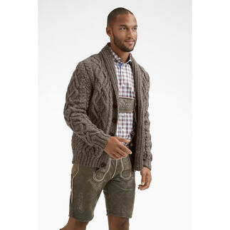 Herrenjacke aus Landwolle in Dunkelgrau mit Zopfmuster und Schalkragen.