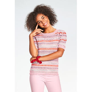 Gehäkelter Pulli aus Cottonprima in bunten Streifen mit kurzen Ärmeln.