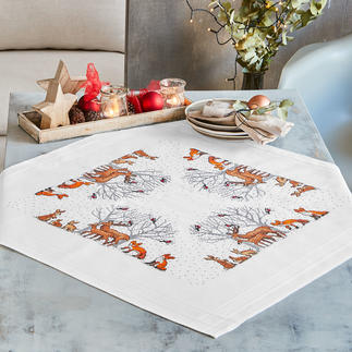 Tischdecke mit eingewebtem Zierrand und Waldtieren