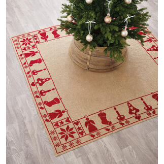 Rote Christbaumdecke 170 x 170 cm mit Weihnachtsbaum und Geschenken.