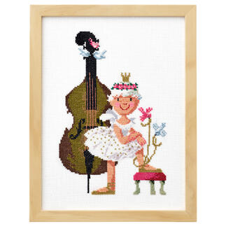 Stickbild eines Ballettmädchens neben einem Kontrabass.