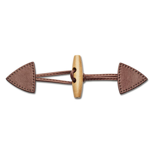 Braune Knebelschließe mit Holzverschluss, 15x5 cm.