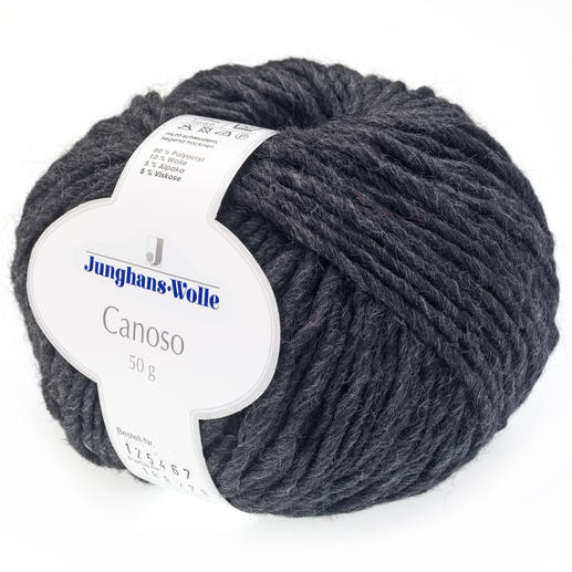 Canoso von Junghans-Wolle, anthrazitfarbene Wolle in Knäuelform.