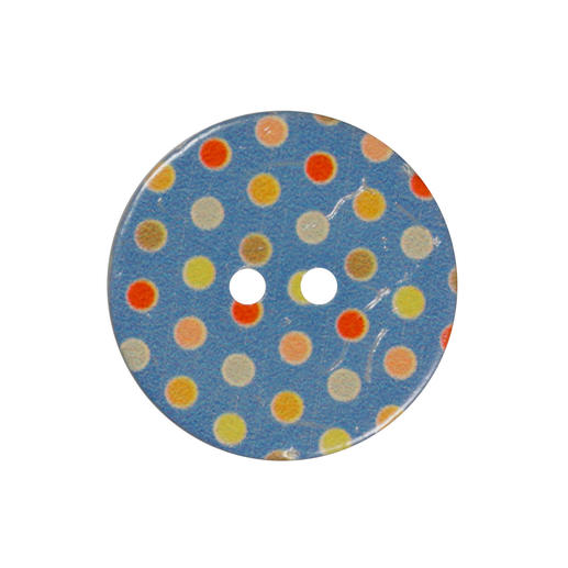Kokos-Knopf mit bunten Pünktchen auf blauem Hintergrund, Durchmesser 23 mm.