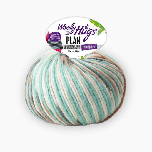 Türkis-beige-braune Plan Wolle von Woolly Hugs in einem runden Knäuel.