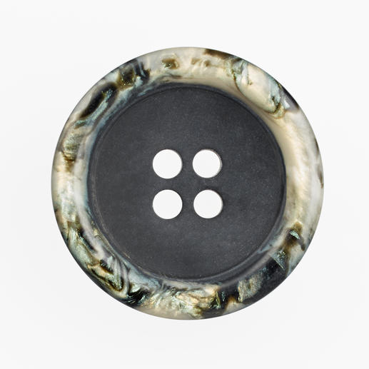 Schwarzer Knopf mit marmorierter Oberfläche und vier Löchern, Durchmesser 21 mm.