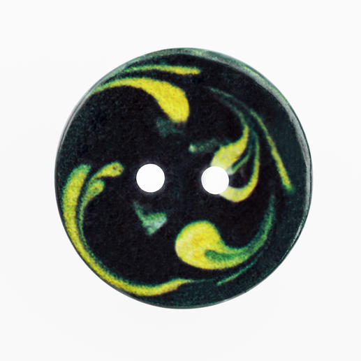 Knopf in grün-gelbem Wirbelmuster, Durchmesser 20 mm.