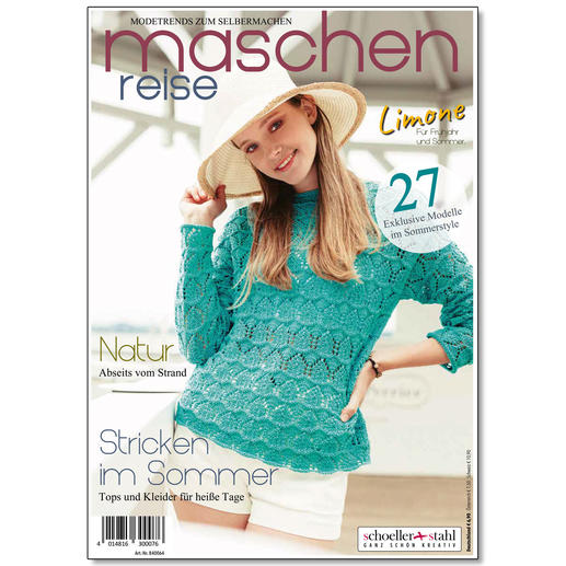 Heft Maschenreise mit Modetrends, gehäkeltem Pullover in türkis.