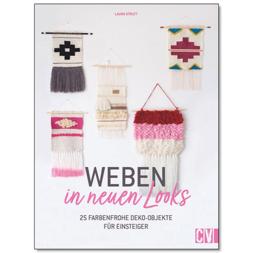 Buch 'Weben in neuen Looks' mit farbenfrohen Wandbehängen, auf weißem Hintergrund.