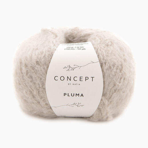 Katia Pluma in Steingrau, flauschige Wolle für wärmende Designs.