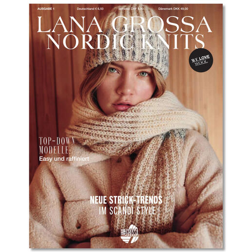 Cover des Hefts 'Nordic Knits' mit Modell, das Schals und Mützen trägt.