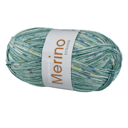 Sockenwolle Meilenweit 100 Merino Extrafine Stella in Flaschengrün mit bunten Flecken.