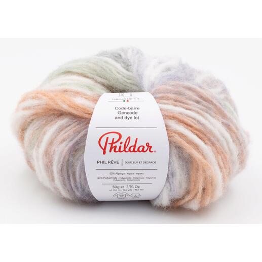 Phildar Phil Rêve Garn in der Farbe Sorbet, mehrfarbig mit pastellfarbenen Akzenten.