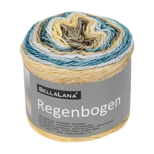 Garnrolle von BellaLana in beige und hellblauen Farben.