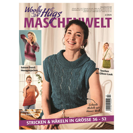 Heft Woolly Hugs Maschenwelt 02/25 mit einer Frau in einem gehäkelten Oberteil auf dem Cover.