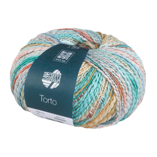 Torto von Lana Grossa, Wolle in Gelbbeige, Mint, Rosé, Türkis, Grün, Goldgelb, Lachs und Jeans in einem runden Knäuel