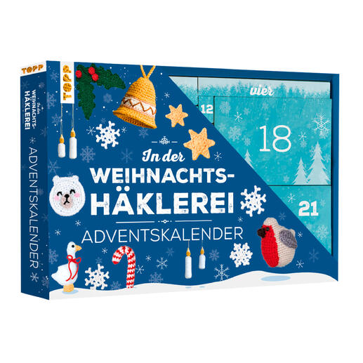 Adventskalender für Weihnachts-Häkeleien mit buntem Design und verschiedenen Motiven.