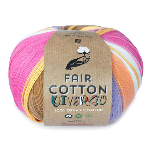 Wollknäuel Fair Cotton Diverso in Pink- und Gelbtönen