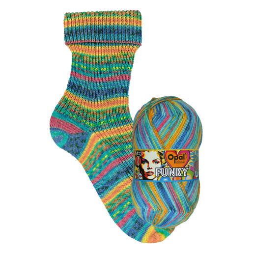 Bunte Socke in Rippstrick, verbunden mit dem Wollknäuel Opal Funky 4-fach.