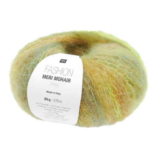 Zarte Merino-Mohair-Wolle in grünen und gelben Tönen, perfekt für leichte Strickwaren.