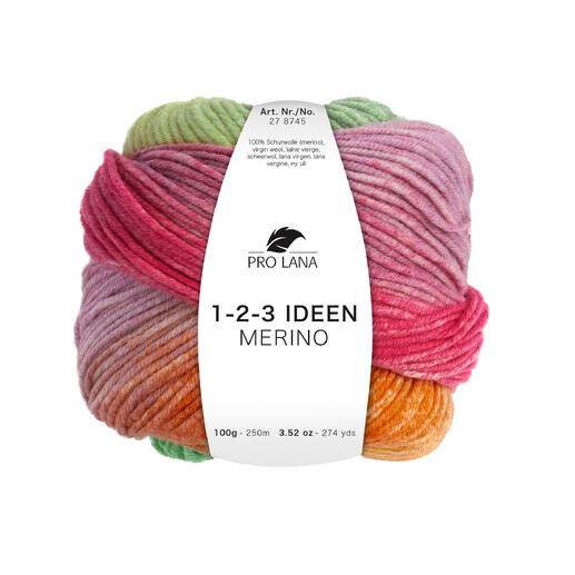 Pro Lana 1-2-3 Ideen Merino in lebhaften Farben, 100g, perfekt für kreative Strickideen.