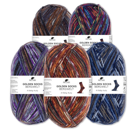 Fünf Pakete Sockenwolle in verschiedenen Farben von Pro Lana.