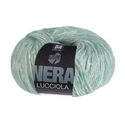 Wollknäuel in mintgrüner Farbe mit Glitzerfäden.