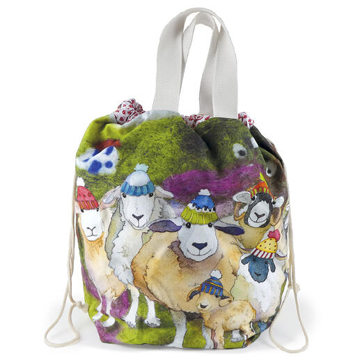 Beuteltasche mit fröhlichen Schafen in Mützen, kleiner Taschendruck, 100% Baumwolle