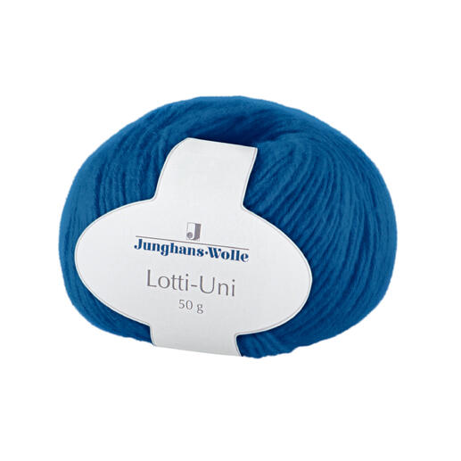 Häkelwolle Lotti-Uni in blauer Farbe, 50 g, auf einem weißen Etikett.