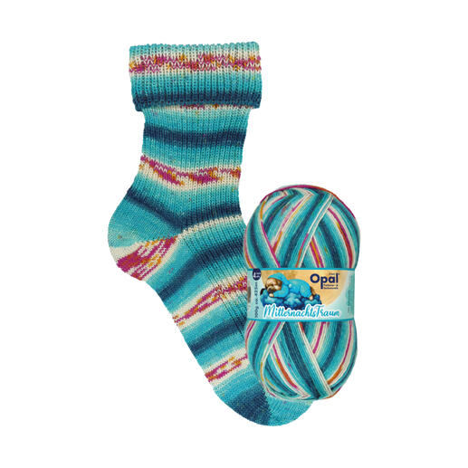 Bunte Socke aus Opal Mitternachtstraum 4-fach mit passendem Wollknäuel.