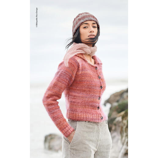 Rosa Jacke aus Fashion Meri Mohair Print mit feinem Strickdesign.