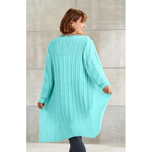 Weiß-blauer Mantel aus Merino-Extrafein mit hüftlangem Schnitt.