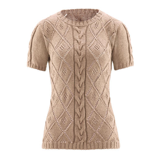 Beige Pullover mit Kurzarm und Struktur, aus Seidana von Junghans-Wolle.