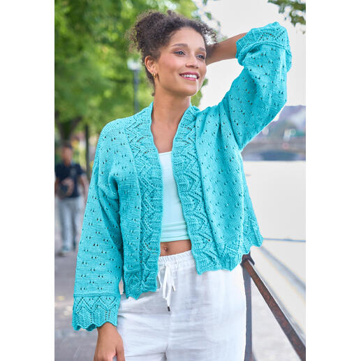 Türkise Jacke mit Lochmuster, Modell aus Basic Cotton von Pro Lana.