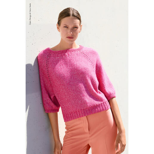 Damen-Pullover in Pink, rundhals, seitlich abgebildet, Top-Down aus Puro Cotone von Katia.