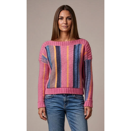 Anleitung für einen Pullover aus Lotti-Uni und Lotti-Colori in bunten Streifen.