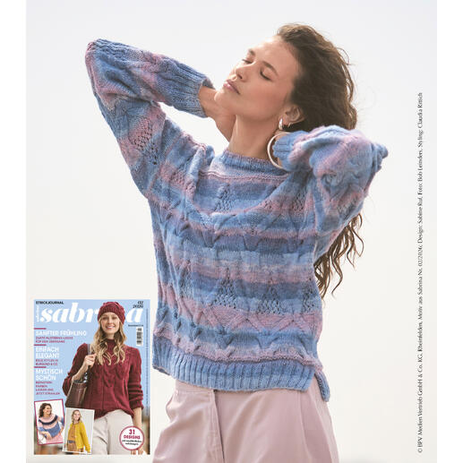 Anleitung für einen Pulli mit Zopfmuster aus Lotti-Colori in sanften Farben.