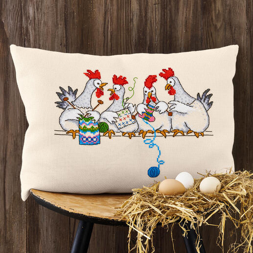 Kissenhülle mit Hühnergespräch und bunten Garnen