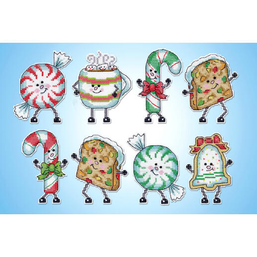 Set von 8 bunten Anhängern in Form von Süßigkeiten und Weihnachtsfiguren.