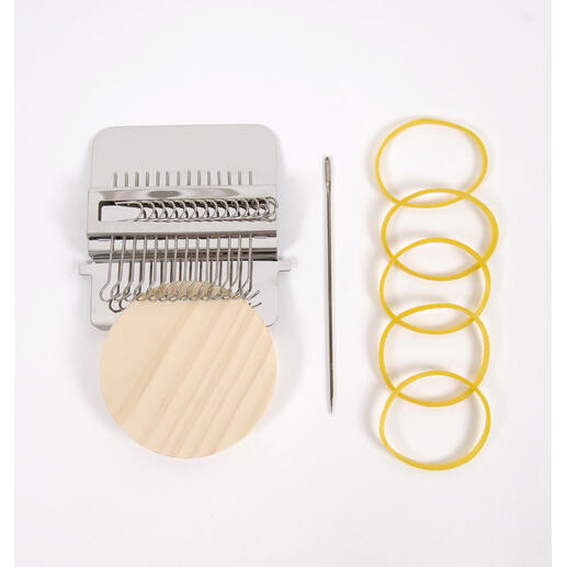 Mini-Webrahmen mit Werkzeugelementen wie Nadeln und Gummibändern