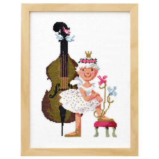 Stickbild eines Ballettmädchens neben einem Kontrabass.