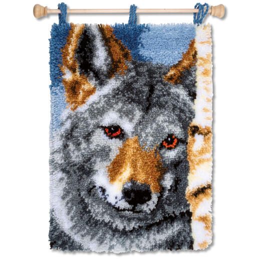 Wandbehang mit einem Wolf, mit einer detailreichen Darstellung.